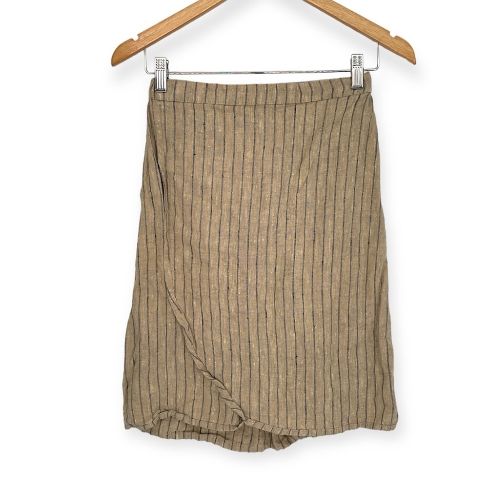 FLAX Linen Cream & Navy Blue Stripped Faux Wrap Pull On Mini Skirt Women Size S